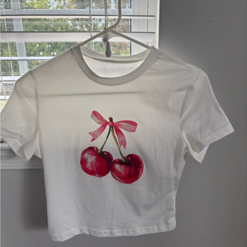 SHEIN White Tee with Cherry and Pink Bow